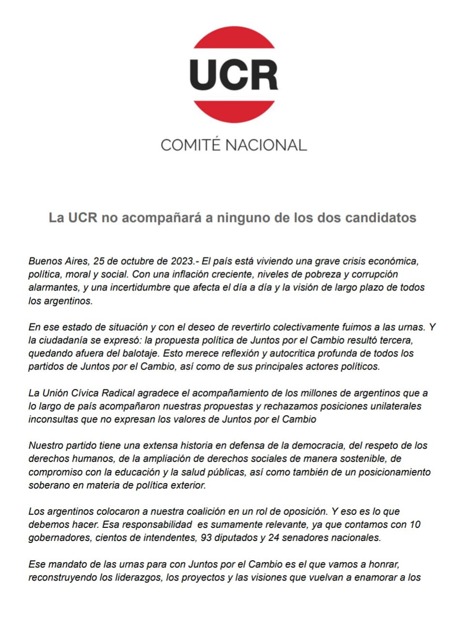 UCR COMUNICADO OFICIAL NEUTRALIDAD EN EL BALLOTAGE 