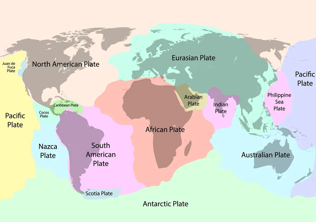 Mapa de la Tierra con sus placas tectónicas continentales y oceánicas.