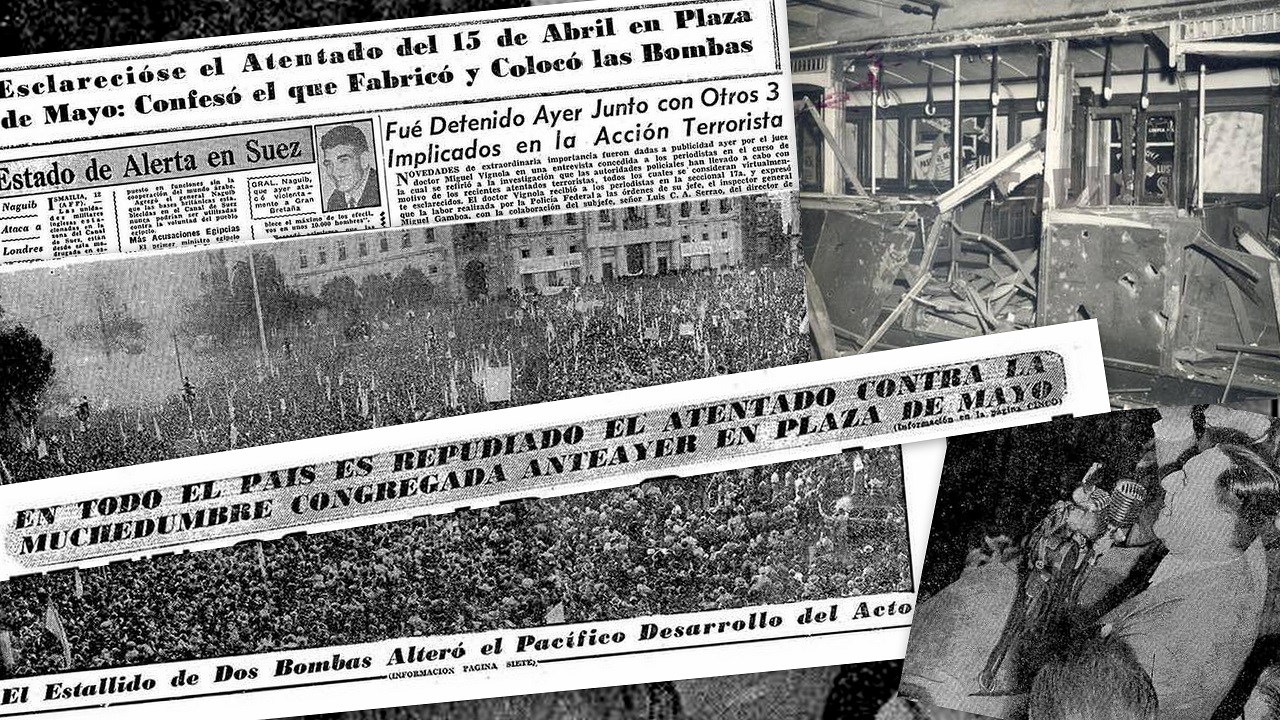 19530415 BOMBAS EN LA PLAZA. La detonación de dos bombas en la Plaza de Mayo cuando se realizaba un acto de la Confederación General del Trabajo (CGT) en apoyo al gobierno de Juan Domingo Perón mata a seis personas y hiere a otras 90. Grupos peronistas reaccionaron con la quema de iglesias y locales identificados con la oposición.