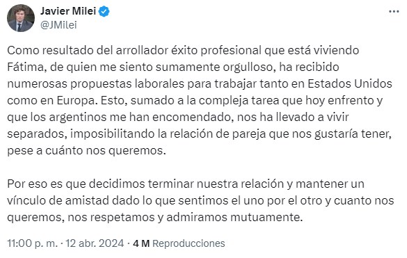 20240412 Javier Milei comunicó su separacion con Fatima Florez