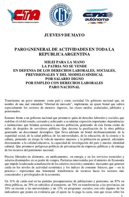 20240509 COMUNICADO CGT PARO NACIONAL CONTRA MILEI Y SU POLITICA DE HAMBRE Y VENDEPATRIA