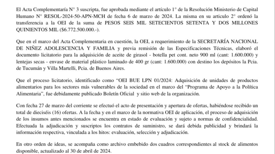 20240523 COMIDA RETENIDA POR MILEI QUE DEBERIA ENTREGAR A LOS COMEDORES Lista 3