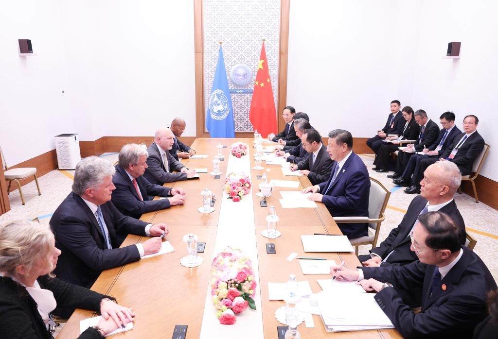 20240704 Presidente chino Xi Jinping reunido con Sec Gral ONU António Guterres al margen de 24 Reunión del Consejo de Jefes de Estado de la Organización de Cooperación de Shanghai en Astaná Kazajistán