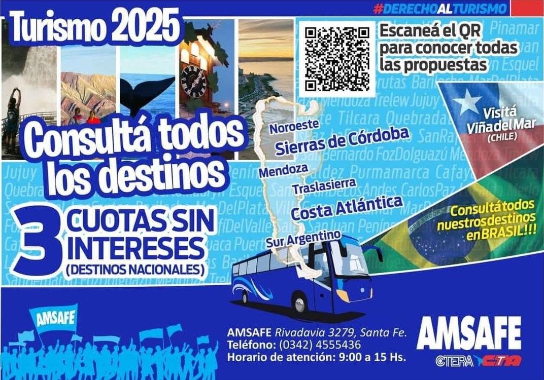 AMSAFE informa: Turismo 2025. Osequios. Alerta y Movilización. Viaje a Campanópolis y San Telmo. Jornada Extendida. AMSAFE informa: Turismo 2025. Osequios. Alerta y Movilización. Viaje a Campanópolis y San Telmo. Jornada Extendida.